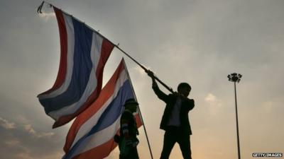 Protesters with flags in Bangkok