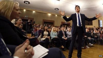 Ed Miliband address activists and the media at the University of London