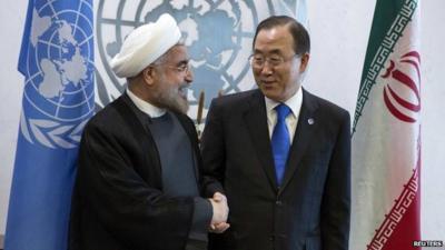 United Nations Secretary-General Ban Ki-moon and Iran"s President Hassan Rohani