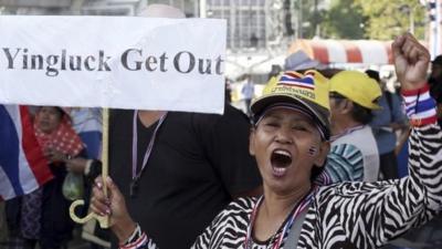 A Thai anti-government protester during a rally in Bangkok