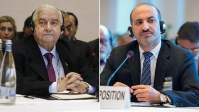 Syrian Foreign Minister Walid Muallem (l) and Syrian National Coalition President Ahmad Jarba