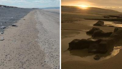 Photograph of beach before storms, and after