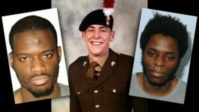 Lee Rigby (c) and his killers Michael Adebolajo (l) and Michael Adebowale (r)