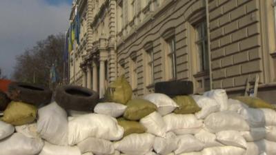 Barricade outside regional administration building in Lviv