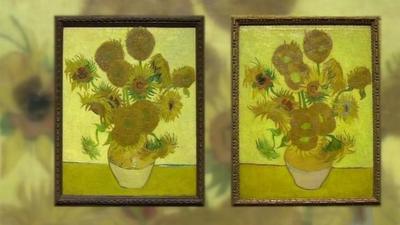 Graphic showing two of Van Gogh's iconic sunflower paintings