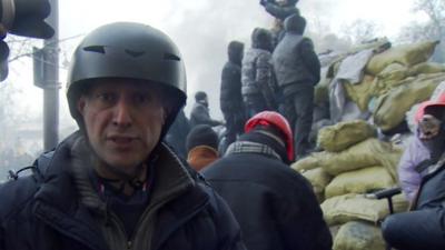 Steve Rosenberg behind the protesters' barricades