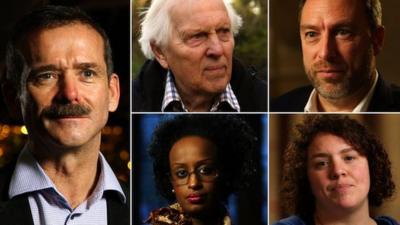 Chris Hadfield, Norman Kember, Jimmy Wales, Jess Thom, Leyla Hussein (clockwise)