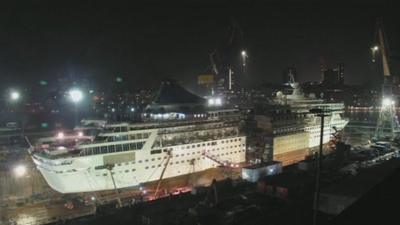 The new section being inserted into the cruise ship
