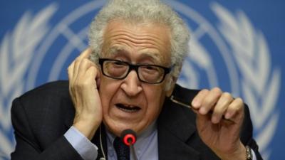 UN-Arab League envoy for Syria Lakhdar Brahimi gestures during a press conference on the Syrian peace talks at the United Nations headquarters on January 31, 2014 in Geneva