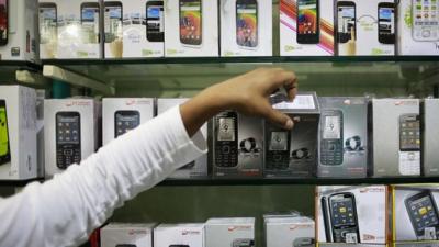 Mobile phones on a shop shelf