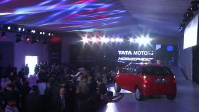 Tata car on a stand at the Delhi Auto Show