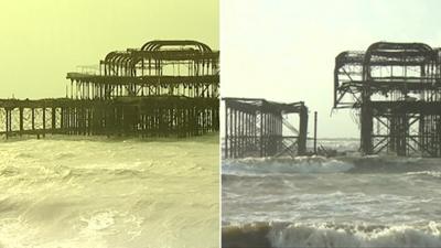 Brighton's West Pier in 2010 and after the February 2014 storm