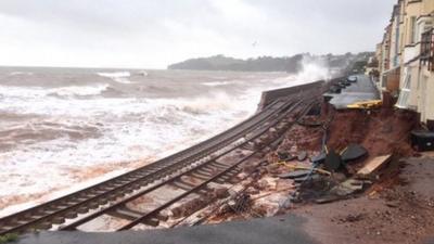 Damaged railway line at Dawlish in Devon