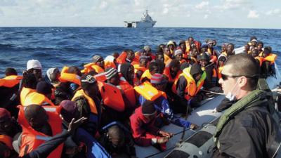 Italian sailors rescue clandestine migrants south-east of Lampedusa, 5 February