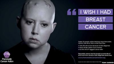 Pancreatic Cancer Action advert shows a patient saying "I wish I had breast cancer"