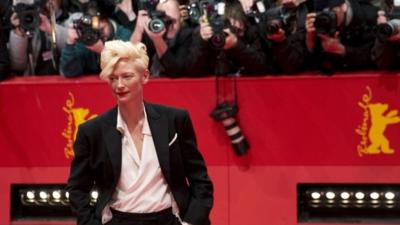 British actress Tilda Swinton arrives for the screening of "The Grand Budapest Hotel" presented in the Berlinale Competition of the 64rd Berlinale Film Festival