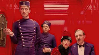 Paul Schlase, Tony Revelori, Tilda Swinton and Ralph Fiennes in The Grand Budapest Hotel