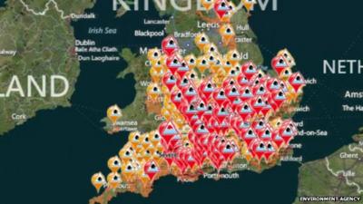 Environment Agency map showing the alerts and warnings across England and Wales