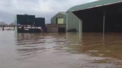 Outbuildings at Moorlands Farm, Somerset, inundated with floodwater