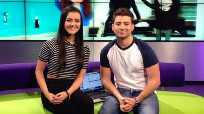 Shannon Flynn and Ricky Boleto on the Newsround sofa