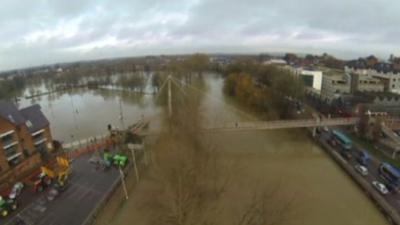 Aerial shot of Shrewsbury in flood