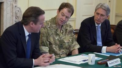 David Cameron, Maj Gen Patrick Sanders and Philip Hammond