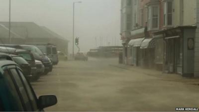 Sand blowing in street at Aberdovey, Gwynedd