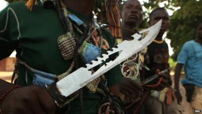 Close-up of a knife in the hand of a Christian militiaman in Boali, in the Central African Republic