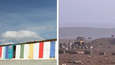 Library image shows beach huts at Milford on Sea, and image from Saturday 15 January shows debris left behind