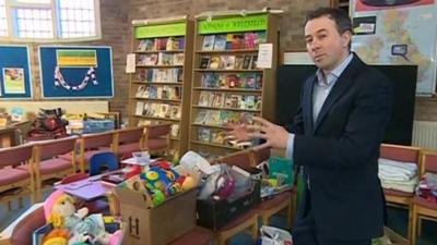 Simon Clemison in the children's section of the Bridgwater flood relief centre