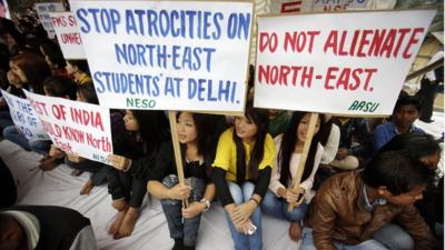 Members of North East Students Organisation (NESO) protest in Gauhati, India