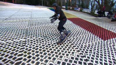 Mike Bushell tries snowboarding at the centre where Jenny Jones started her career.