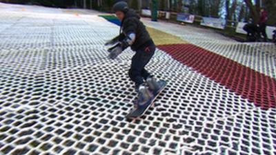 Mike Bushell tries snowboarding at the centre where Jenny Jones started her snowboarding career.