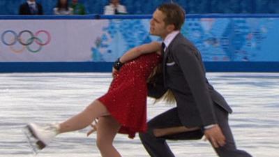 Ice dancers’ trousers split by skate