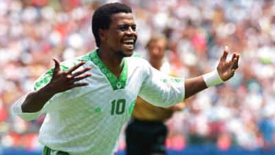 Saeed Al-Owairan celebrates after scoring for Saudi Arabia against Belgium