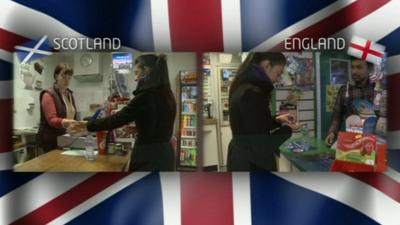 Two images of Nel - one in a shop in Scotland and one in a shop in England