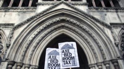 Campaigners demonstrate outside the Royal Courts of Justice against the Government's reform to limit housing benefit