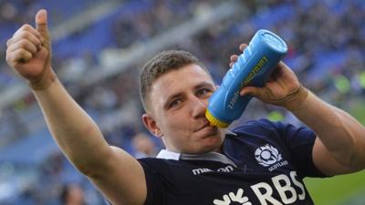 Scotland fly-half Duncan Weir celebrates after 20-21 win over Italy