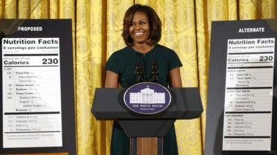 US First Lady Michelle Obama unveils proposed updates to nutrition facts labels during remarks in the East Room of the White House in Washington DC on 27 February 2014