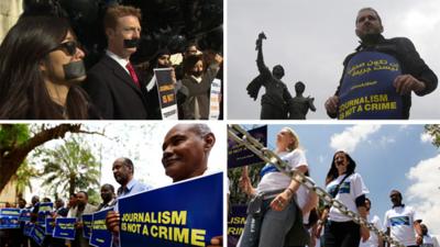 Demonstrators (clockwise from left) in London, Beirut, Khartoum and Nairobi protest over detention of three Al Jazeera journalists