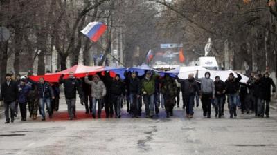 Pro-Russia protesters marching in Crimea area