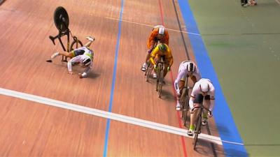 Track Cycling Worlds 2014: Crash bike ends up in commentary box