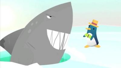 Still from animation of shark and penguin