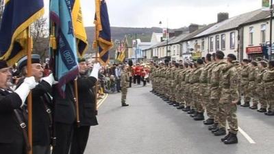 Members of 203 (Welsh) Field Hospital parade in Risca, Caerphilly