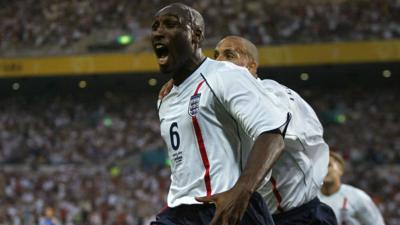 Sol Campbell scores for England against Sweden in 2002