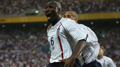 Sol Campbell scores for England against Sweden in 2002