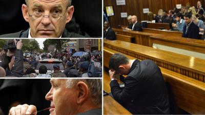 Clockwise from top left, South African State prosecutor Gerrie Nel, Oscar Pistorius, Barry Roux, and media surrounding Mr Pistorius' car outside court