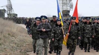 Ukrainian air force pilots march in their airbase in Belbek, near Sevastopol