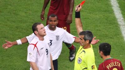 Wayne Rooney receives a red card for England against Portugal