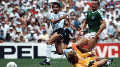 Jorge Burruchaga scores for Argentina against West Germany